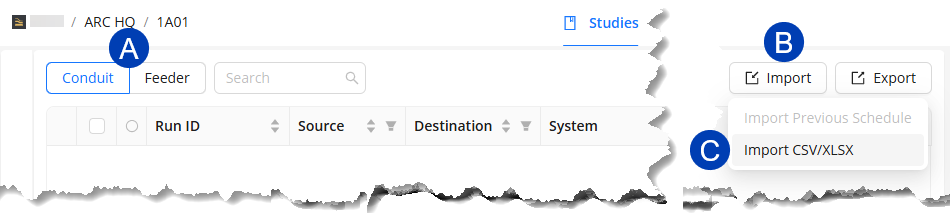 User interface showing options for importing and exporting data in a studies section.